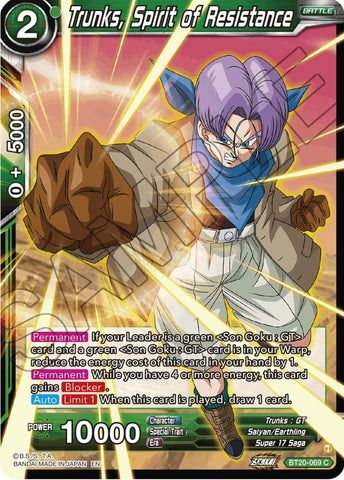 Trunks, Spirit of Resistance (BT20-069) [Power Absorbed]