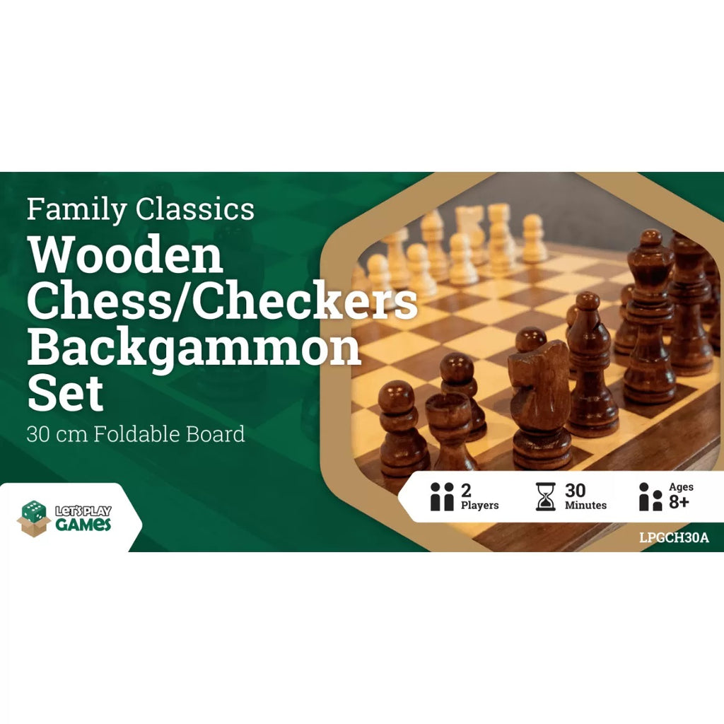 Let's Play Games Wooden Folding Chess/Checkers/Backgammon Set 30cm